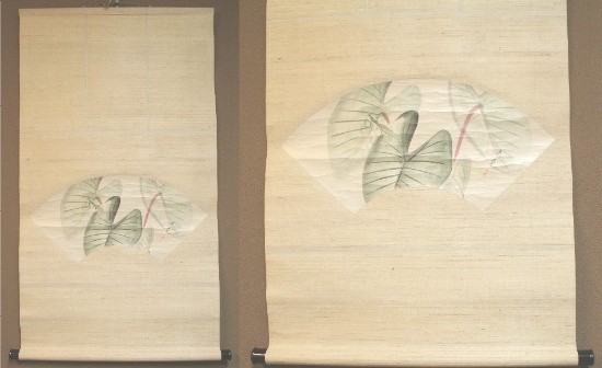 H320 中島来章筆・芋の葉に蟷螂図扇面掛軸（3）
